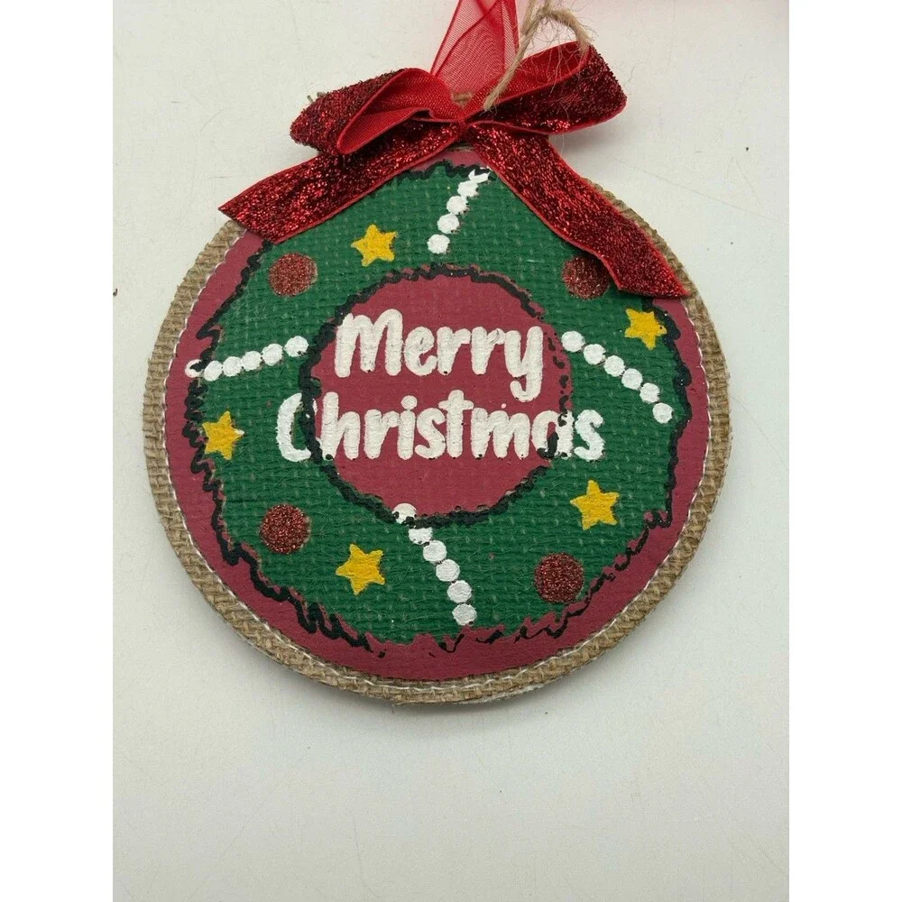 5” Merry Christmas” Burlap Wreath Ornament with Red Bow – Rustic Decor Set Of 8